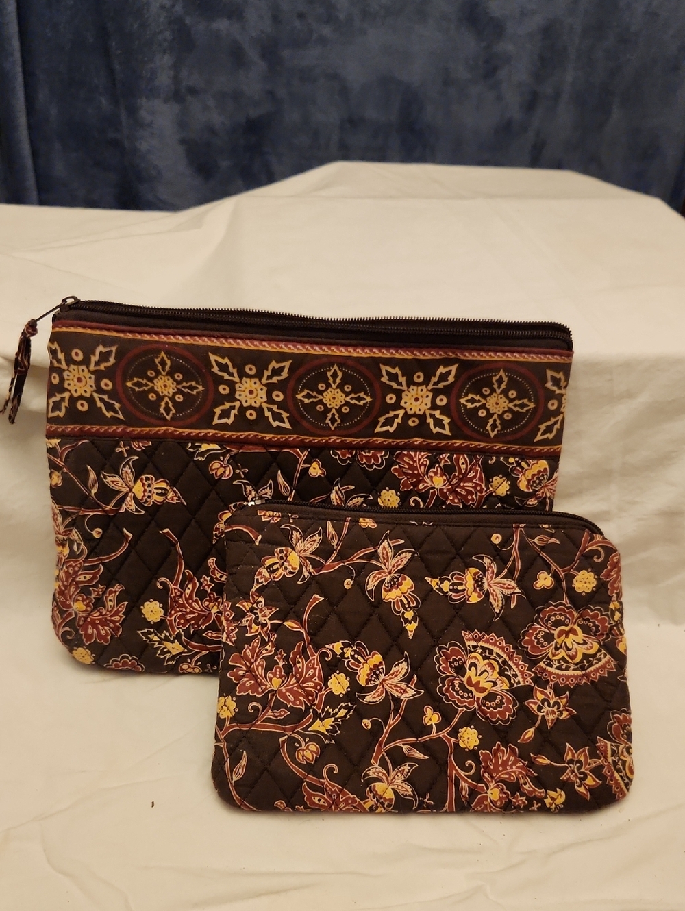 Quilted Floral Cosmetic Pouch Set in Brown